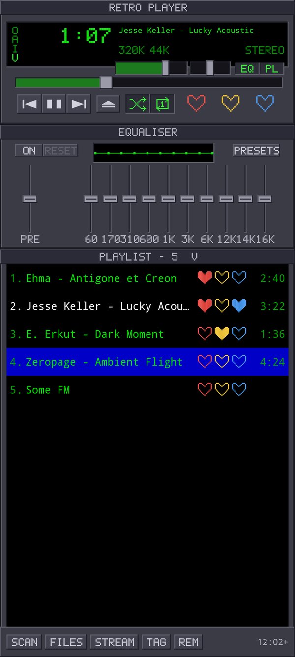 The player: time display, spectrum analyser, transport buttons, a ten-band equaliser and the playlist below it