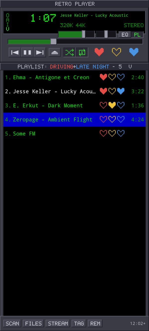 The playlist filtered to two named categories, Driving and Late Night, with coloured hearts marking each track