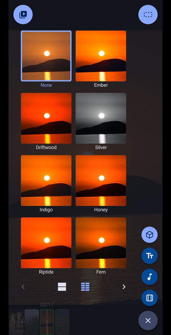 Eight named film looks previewed on the user's own sunset footage