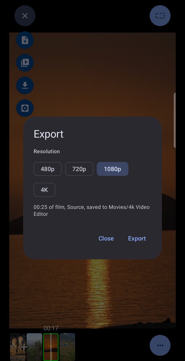The export dialog offering 480p, 720p, 1080p and 4K